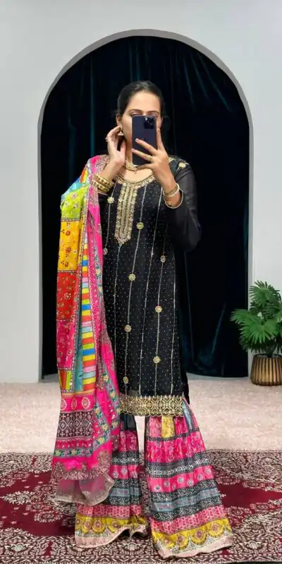 ST 1046 Black Color Chinon Embroidery Work Salwar Suit Casual, Wedding, Party, Festive, Events Etc. Expected Delivery 4-6 Working Days @2399/- | Jump Suits, Salwar suit, Designer Suits, Casual Suits, Creative suits, Palazzo Suits, Party Wear Suits, Patiala Suits, Straight Suits