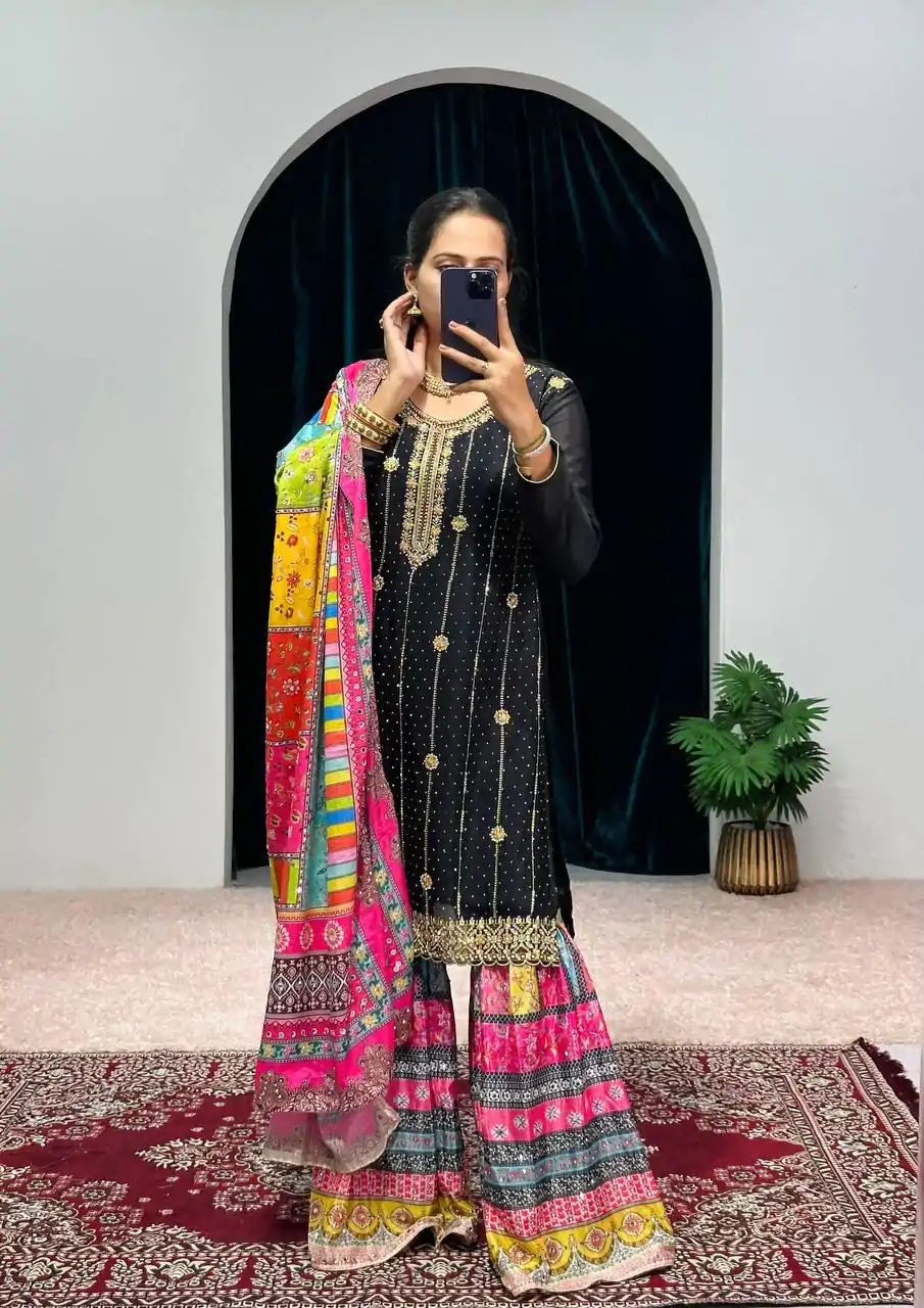 ST 1046 Black Color Chinon Embroidery Work Salwar Suit Casual, Wedding, Party, Festive, Events Etc. Expected Delivery 4-6 Working Days @2399/- | Jump Suits, Salwar suit, Designer Suits, Casual Suits, Creative suits, Palazzo Suits, Party Wear Suits, Patiala Suits, Straight Suits