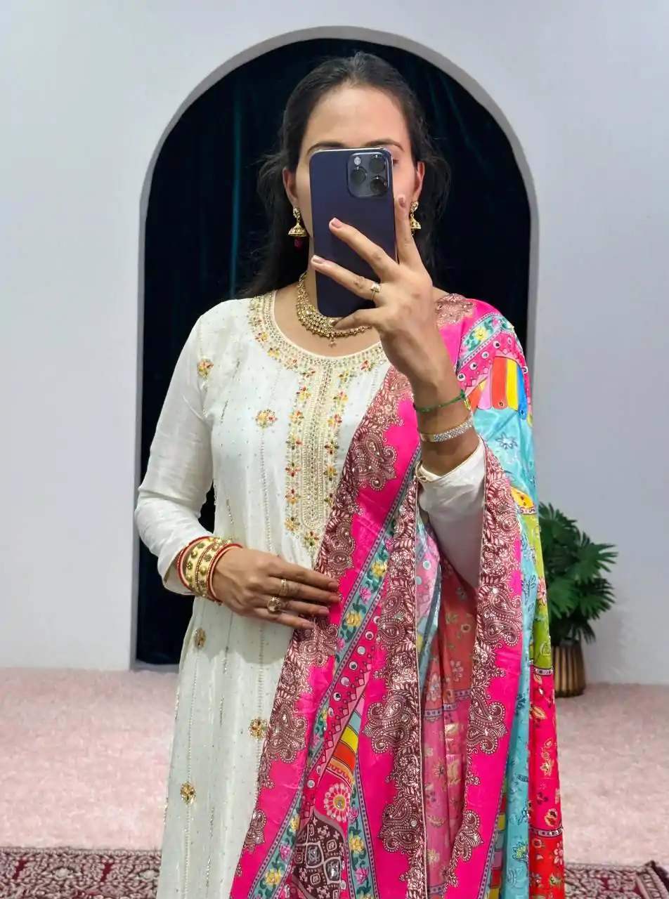 ST 1046 White Color Chinon Embroidery Work Salwar Suit Casual, Wedding, Party, Festive, Events Etc. Expected Delivery 4-6 Working Days @2399/- | Jump Suits, Salwar suit, Designer Suits, Casual Suits, Creative suits, Palazzo Suits, Party Wear Suits, Patiala Suits, Straight Suits