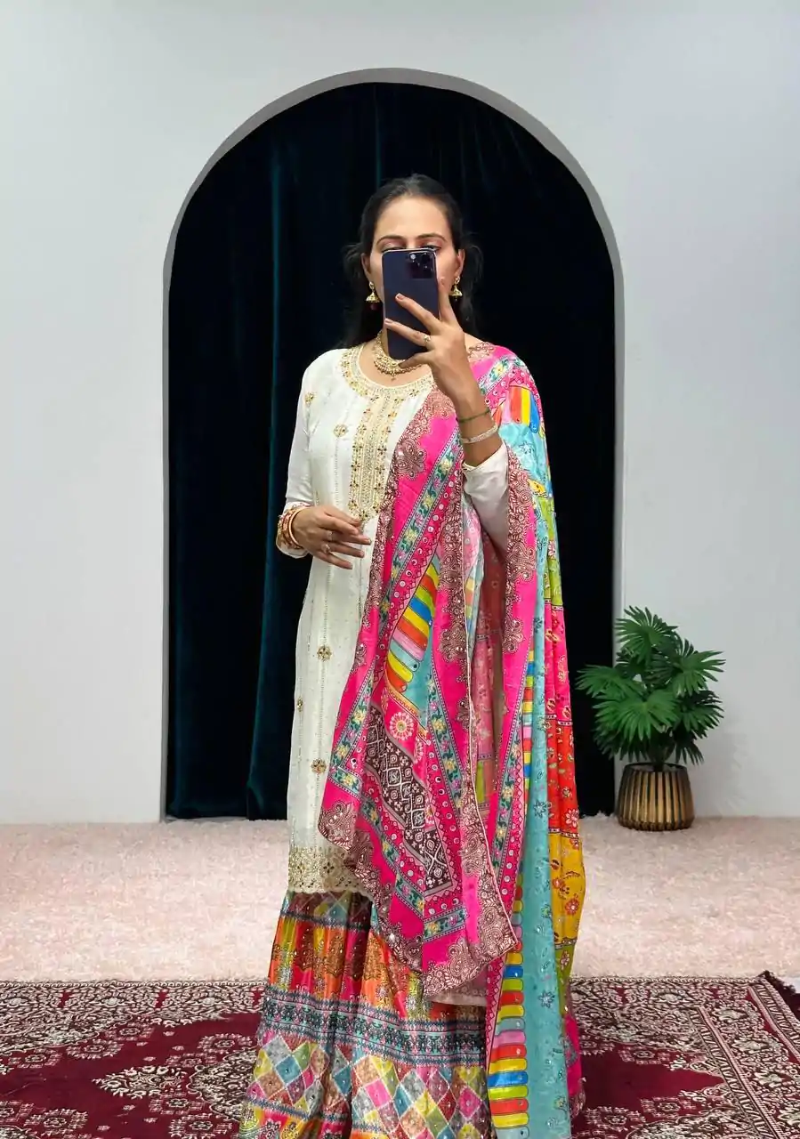 ST 1046 White Color Chinon Embroidery Work Salwar Suit Casual, Wedding, Party, Festive, Events Etc. Expected Delivery 4-6 Working Days @2399/- | Jump Suits, Salwar suit, Designer Suits, Casual Suits, Creative suits, Palazzo Suits, Party Wear Suits, Patiala Suits, Straight Suits