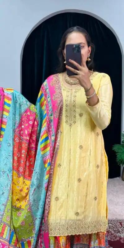 ST 1046 Yellow Color Chinon Embroidery Work Salwar Suit Casual, Wedding, Party, Festive, Events Etc. Expected Delivery 4-6 Working Days @2399/- | Jump Suits, Salwar suit, Designer Suits, Casual Suits, Creative suits, Palazzo Suits, Party Wear Suits, Patiala Suits, Straight Suits