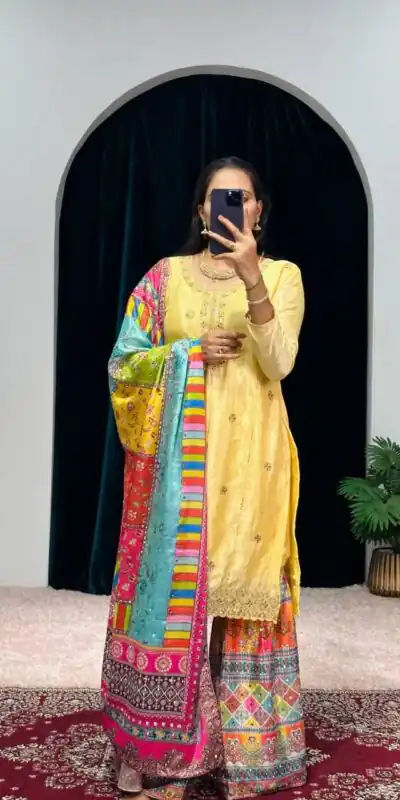ST 1046 Yellow Color Chinon Embroidery Work Salwar Suit Casual, Wedding, Party, Festive, Events Etc. Expected Delivery 4-6 Working Days @2399/- | Jump Suits, Salwar suit, Designer Suits, Casual Suits, Creative suits, Palazzo Suits, Party Wear Suits, Patiala Suits, Straight Suits