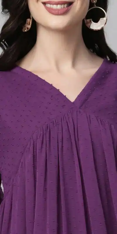 MC 1020 Purple  Color Chiffon V-Neck Gathered Midi Kurti Casual, Party Wear, Wedding, Events, Festivals Wear Expected Delivery 4-6 Working Days @1399/- | Kurti, Bollywood Kurti, Creative Kurtis, Designer Kurti, Party Wear Kurti, Selfie Kurti