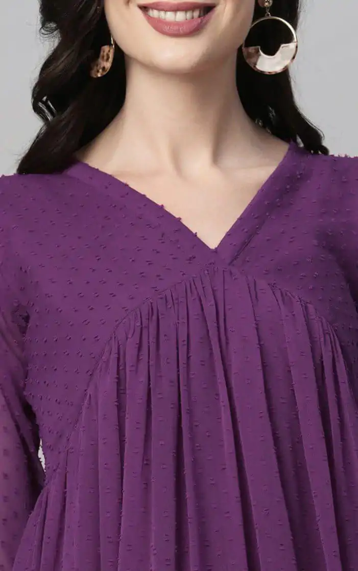 MC 1020 Purple  Color Chiffon V-Neck Gathered Midi Kurti Casual, Party Wear, Wedding, Events, Festivals Wear Expected Delivery 4-6 Working Days @1399/- | Kurti, Bollywood Kurti, Creative Kurtis, Designer Kurti, Party Wear Kurti, Selfie Kurti