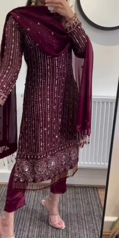 RTC 5716 Maroon  Color Foix Georgette Thread Sequence Work Salwar Suit Wedding, Party, Festive, Events Etc. Expected Delivery 4-6 Working Days @2099/- | Jump Suits, Salwar suit, Designer Suits, Casual Suits, Creative suits, Palazzo Suits, Party Wear Suits, Patiala Suits, Straight Suits