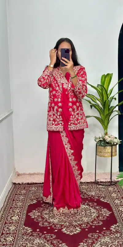 ST 1054 Pink  Color Chinon Embroidery Work Koti And Saree Casual, Wedding, Party, Festive, Events Etc. Expected Delivery 4-6 Working Days @2399/- | Sarees, Bollywood Sarees, Creative Sarees, Designer Sarees, Embroidered Sarees, Ethnic Saree, Modern Digital sarees, Party Wear Sarees