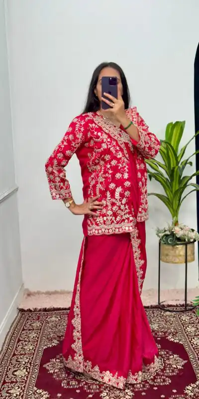 ST 1054 Pink Color Chinon Embroidery Work Koti And Saree Casual, Wedding, Party, Festive, Events Etc. Expected Delivery 4-6 Working Days @2399/- | Sarees, Bollywood Sarees, Creative Sarees, Designer Sarees, Embroidered Sarees, Ethnic Saree, Modern Digital sarees, Party Wear Sarees