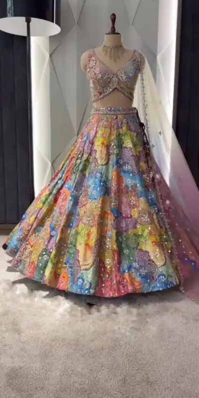 BD 1609 Malty Color Satin Silk Embroidered Lehenga Choli Casual, Wedding, Festive, Events Expected Delivery 4-6 Working Days @3049/- | Lehenga, Bollywood Lehenga, Creative Lehenga, Designer Lehenga, Embroidered Lehenga, Party Wear Lehenga