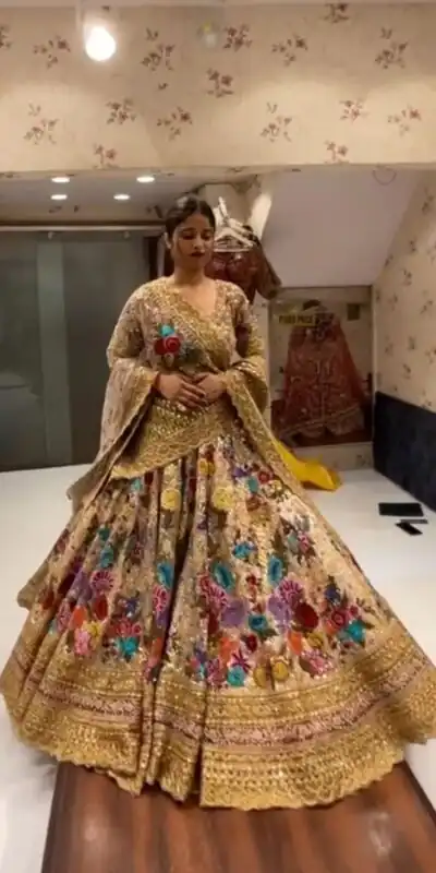 BD 1612 Golden Color Georgette Embroidered Sequins Lehenga Choli Casual, Wedding, Festive, Events Expected Delivery 4-6 Working Days @3449/- | Lehenga, Bollywood Lehenga, Creative Lehenga, Designer Lehenga, Embroidered Lehenga, Party Wear Lehenga