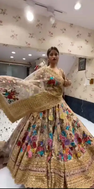 BD 1612 Golden Color Georgette Embroidered Sequins Lehenga Choli Casual, Wedding, Festive, Events Expected Delivery 4-6 Working Days @3449/- | Lehenga, Bollywood Lehenga, Creative Lehenga, Designer Lehenga, Embroidered Lehenga, Party Wear Lehenga