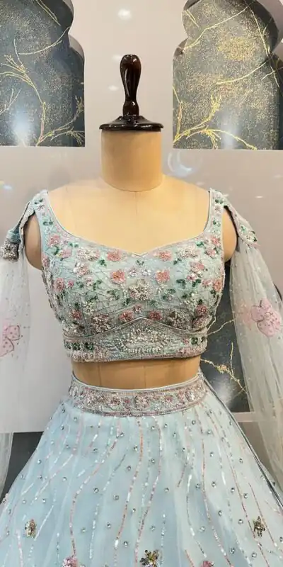 BD 1608 Light Blue Color Organza Silk Embroidered Lehenga Choli Casual, Wedding, Festive, Events Expected Delivery 4-6 Working Days @3199/- | Lehenga, Bollywood Lehenga, Creative Lehenga, Designer Lehenga, Embroidered Lehenga, Party Wear Lehenga