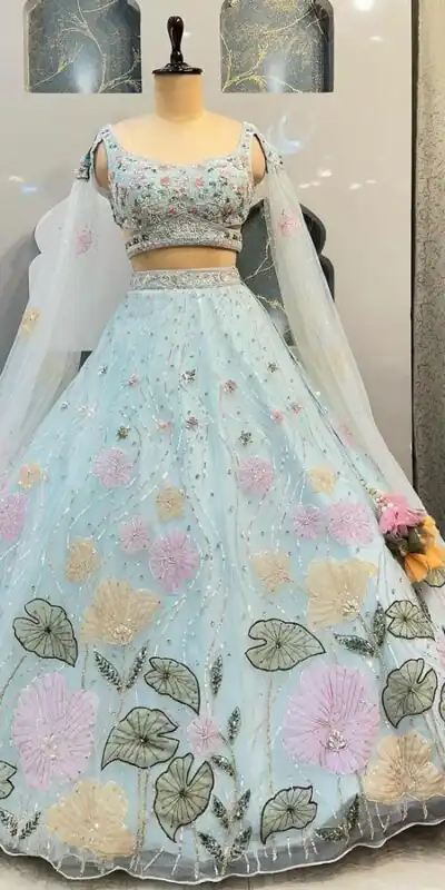BD 1608 Light Blue Color Organza Silk Embroidered Lehenga Choli Casual, Wedding, Festive, Events Expected Delivery 4-6 Working Days @3199/- | Lehenga, Bollywood Lehenga, Creative Lehenga, Designer Lehenga, Embroidered Lehenga, Party Wear Lehenga