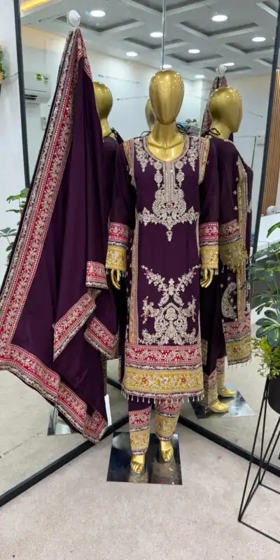 ZF 376 Purple Color Chinnon Silk Embroidery Sequence Salwar Suit Casual, Wedding, Party, Events Etc. Expected Delivery 4-6 Working Days 2599/- | Jump Suits, Salwar suit, Designer Suits, Casual Suits, Creative suits, Palazzo Suits, Party Wear Suits, Patiala Suits, Straight Suits
