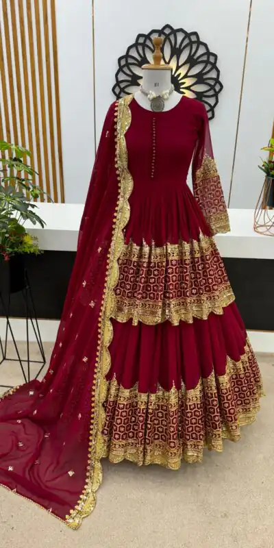 ZF 362 Red Color Faux Georgette With Heavy Embroidery Sequence Work Lehenga Choli Wedding, Party, Events Etc. Expected Delivery 4-6 Working Days 2099/- | Lehenga, Bollywood Lehenga, Creative Lehenga, Designer Lehenga, Embroidered Lehenga, Party Wear Lehenga