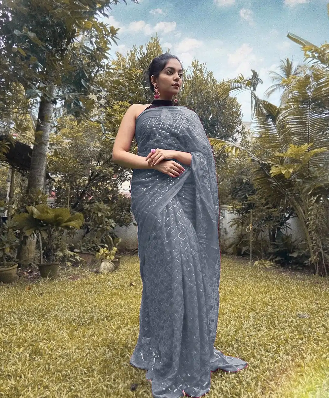 KT 201 Cement Color Georgette Fancy Sequence Work Saree Casual, Party Wear, Wedding   Expected Delivery 4-6 Working Days@1649/- | Sarees, Bollywood Sarees, Creative Sarees, Designer Sarees, Embroidered Sarees, Party Wear Sarees