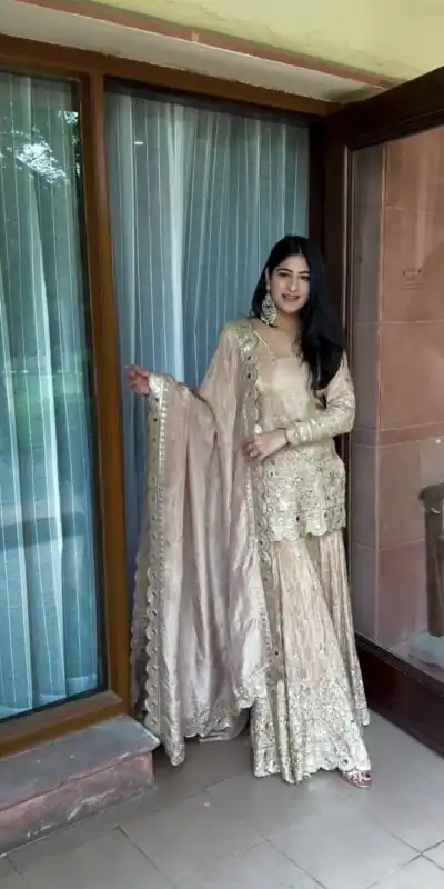 SR 1616 Golden Color Heavy Chinnon Silk Embroidery Work Sharara Suit Wedding, Party, Festive, Events Etc. Expected Delivery 4-6 Working Days @2199Only | Salwar suit, Designer Suits, Casual Suits, Creative suits, Palazzo Suits, Party Wear Suits, Straight Suits