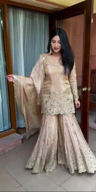 SR 1616 Golden Color Heavy Chinnon Silk Embroidery Work Sharara Suit Wedding, Party, Festive, Events Etc. Expected Delivery 4-6 Working Days @2199Only | Salwar suit, Designer Suits, Casual Suits, Creative suits, Palazzo Suits, Party Wear Suits, Straight Suits