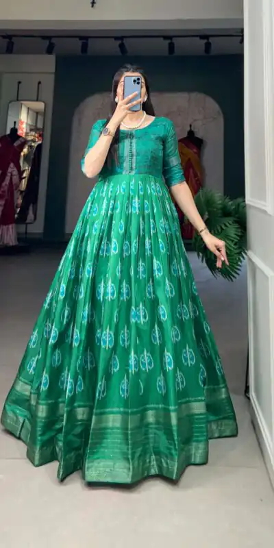 YNF 5010 Green Color Dola Silk Printed with Zari Border Gown Casual, Wedding, Festive, Events, Designer Party Wear, Delivery 4-6 Working Days @1749 | Gowns, Bollywood Gowns, Creative Gowns, Designer Gowns, Embroidered Gowns, Party Wear Gowns