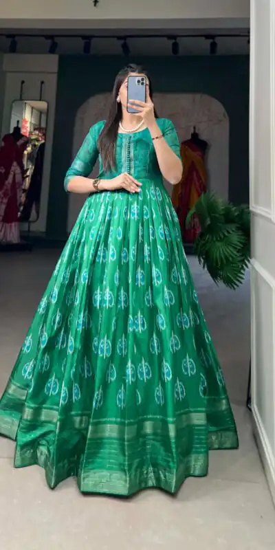 YNF 5010 Green Color Dola Silk Printed with Zari Border Gown Casual, Wedding, Festive, Events, Designer Party Wear, Delivery 4-6 Working Days @1749 | Gowns, Bollywood Gowns, Creative Gowns, Designer Gowns, Embroidered Gowns, Party Wear Gowns