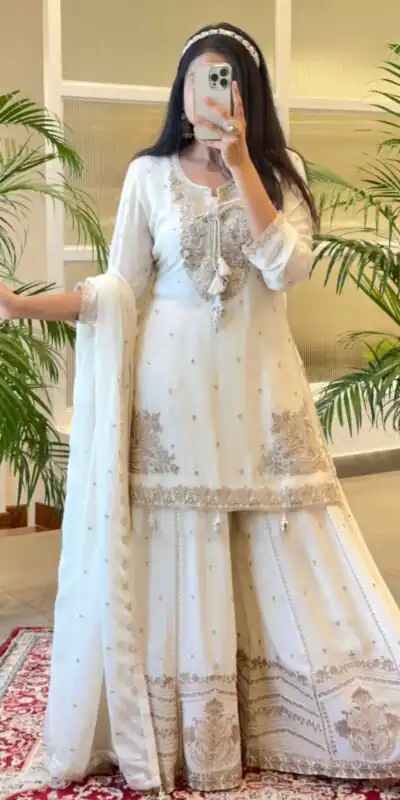 SRK 5169 White Color Pure Chinnon Silk Embroidery Sequence Salwar Suit Wedding, Party, Festive, Events Expected Delivery 4-6 Working Days @ 2099/- | Jump Suits, Salwar suit, Designer Suits, Casual Suits, Creative suits, Palazzo Suits, Party Wear Suits, Patiala Suits, Straight Suits