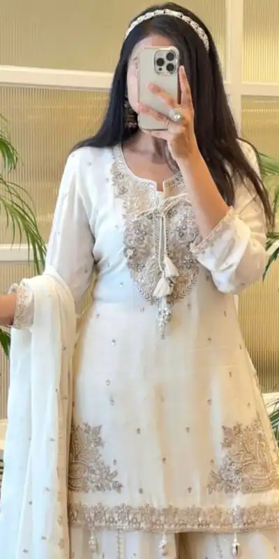 SRK 5169 White Color Pure Chinnon Silk Embroidery Sequence Salwar Suit Wedding, Party, Festive, Events Expected Delivery 4-6 Working Days @ 2099/- | Jump Suits, Salwar suit, Designer Suits, Casual Suits, Creative suits, Palazzo Suits, Party Wear Suits, Patiala Suits, Straight Suits