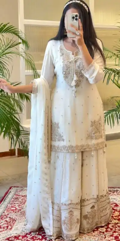 SRK 5169 White Color Pure Chinnon Silk Embroidery Sequence Salwar Suit Wedding, Party, Festive, Events Expected Delivery 4-6 Working Days @ 2099/- | Jump Suits, Salwar suit, Designer Suits, Casual Suits, Creative suits, Palazzo Suits, Party Wear Suits, Patiala Suits, Straight Suits