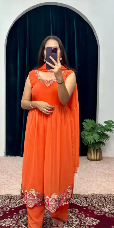 ST 1052 Orange Color Chine Stitched Less Work Salwar Suit Casual, Wedding, Party, Festive, Events Etc. Expected Delivery 4-6 Working Days @2099/- | Salwar suit, Designer Suits, Casual Suits, Creative suits, Palazzo Suits, Party Wear Suits, Patiala Suits, Straight Suits