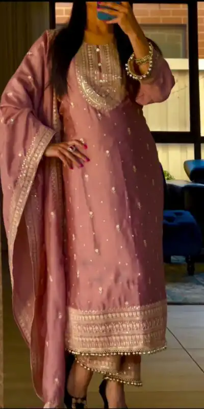 NSR 814 Peach Color Pure Chinnon Silk Embroidery Sequence Salwar Suit Casual, Party Festive, Events Etc. Expected Delivery 4-6 Working Days @2049/- | Jump Suits, Salwar suit, Designer Suits, Casual Suits, Creative suits, Palazzo Suits, Party Wear Suits, Patiala Suits, Straight Suits