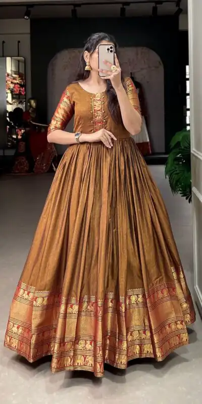 YNF 5313 Mustard Color Narayan Pet Zari Weaving Work Gown Casual, Wedding, Festive, Events, Designer Party Wear, Delivery 4-6 Working Days @1899 | Gowns, Bollywood Gowns, Creative Gowns, Designer Gowns, Embroidered Gowns, Party Wear Gowns
