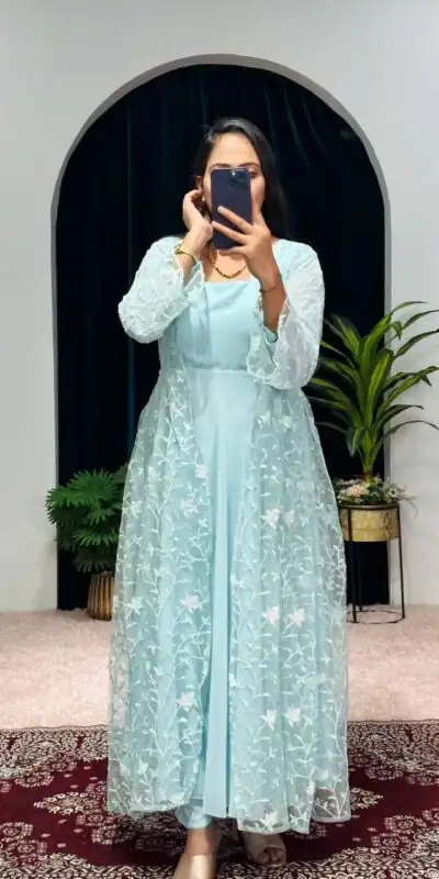 ST 1042 Blue Color Georgette Embroidery Sequence Gown Casual, Wedding, Party, Festive, Events Etc. Expected Delivery 4-6 Working Days @1999/- | Gowns, Bollywood Gowns, Creative Gowns, Designer Gowns, Embroidered Gowns, Party Wear Gowns