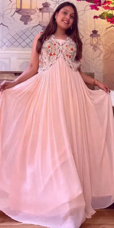 MF 435 Pink Color Kota Silk Weaving Jacquard Gown Casual, Party, Wedding, Festive, Events Etc. Expected Delivery 4-6 Working Days @1599/- Only | Gowns, Bollywood Gowns, Creative Gowns, Designer Gowns, Embroidered Gowns, Party Wear Gowns