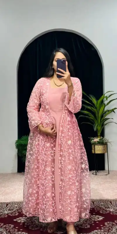 ST 1042 Pink Color Georgette Embroidery Sequence Gown Casual, Wedding, Party, Festive, Events Etc. Expected Delivery 4-6 Working Days @1999/- | Gowns, Bollywood Gowns, Creative Gowns, Designer Gowns, Embroidered Gowns, Party Wear Gowns