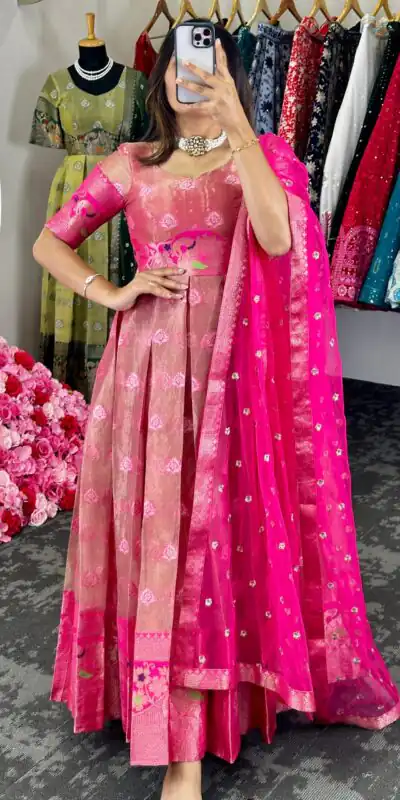 KD 8072 Pink Color Kota Silk Weaving Jacquard Gown Casual, Party, Wedding, Festive, Events Etc.  Expected Delivery  4-6 Working Days @2099/- Only | Gowns, Bollywood Gowns, Creative Gowns, Designer Gowns, Embroidered Gowns, Party Wear Gowns