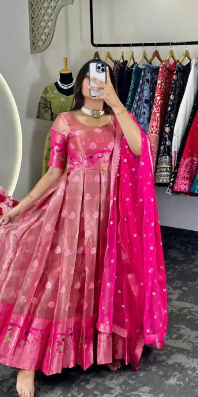 KD 8072 Pink Color Kota Silk Weaving Jacquard Gown Casual, Party, Wedding, Festive, Events Etc. Expected Delivery 4-6 Working Days @2099/- Only | Gowns, Bollywood Gowns, Creative Gowns, Designer Gowns, Embroidered Gowns, Party Wear Gowns