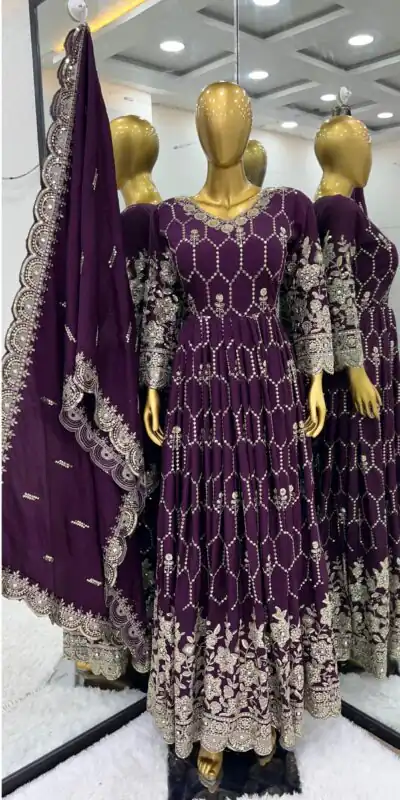 SR 1625 Purple Color Chinnon Silk Embroidery Sequence Gown Casual, Wedding, Party, Festive, Events Etc. Expected Delivery 4-6 Working Days @2199/- | Gowns, Bollywood Gowns, Creative Gowns, Designer Gowns, Embroidered Gowns, Party Wear Gowns