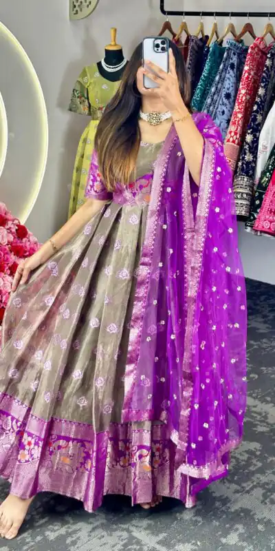 KD 8072 Purple Color Kota Silk Weaving Jacquard Gown Casual, Party, Wedding, Festive, Events Etc.  Expected Delivery  4-6 Working Days @2099/- Only | Gowns, Bollywood Gowns, Creative Gowns, Designer Gowns, Embroidered Gowns, Party Wear Gowns