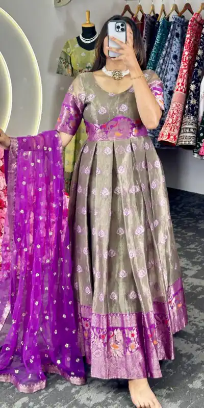 KD 8072 Purple Color Kota Silk Weaving Jacquard Gown Casual, Party, Wedding, Festive, Events Etc. Expected Delivery 4-6 Working Days @2099/- Only | Gowns, Bollywood Gowns, Creative Gowns, Designer Gowns, Embroidered Gowns, Party Wear Gowns