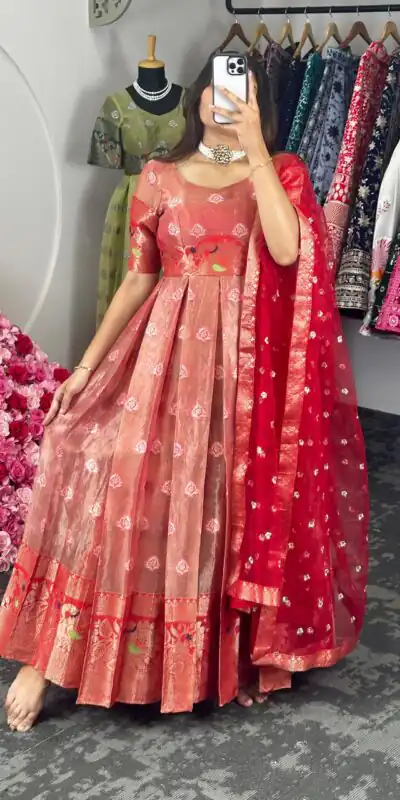 KD 8072 Red Color Kota Silk Weaving Jacquard Gown Casual, Party, Wedding, Festive, Events Etc.  Expected Delivery  4-6 Working Days @2099/- Only | Gowns, Bollywood Gowns, Creative Gowns, Designer Gowns, Embroidered Gowns, Party Wear Gowns