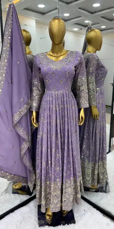 SR 1626 Violet Color Chinnon Silk Embroidery Sequence Gown Casual, Wedding, Party, Festive, Events Etc. Expected Delivery 4-6 Working Days @2449/- | Gowns, Bollywood Gowns, Creative Gowns, Designer Gowns, Embroidered Gowns, Party Wear Gowns