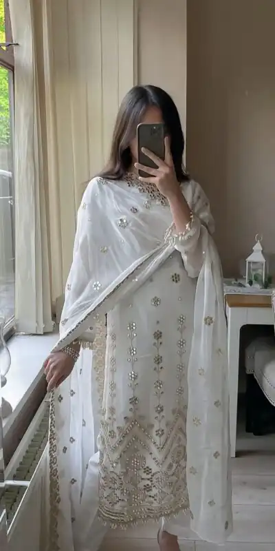 VLM 203 White Color Georgette Embroidery Sequence Salwar Suit Wedding, Party, Festive, Events Expected Delivery 4-6 Working Days @ 1999/- Only | Salwar suit, Designer Suits, Casual Suits, Creative suits, Party Wear Suits, Straight Suits