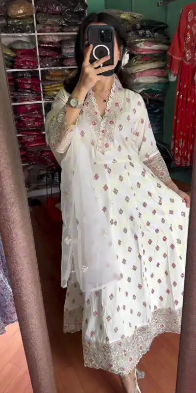 AD 167 White Color Pure Maska Silk Embroidery Sequence Gown Casual, Wedding, Party, Festive, Events Etc. Expected Delivery 4-6 Working Days @2449/- | Gowns, Bollywood Gowns, Creative Gowns, Designer Gowns, Embroidered Gowns, Party Wear Gowns