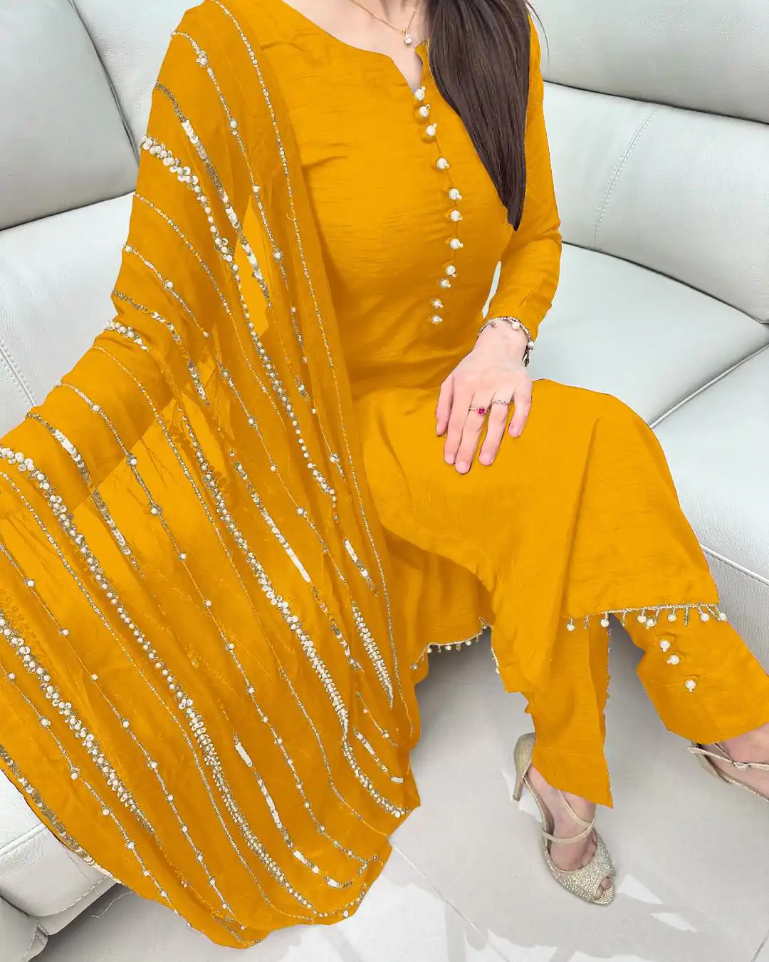 SRK 5161 Yellow Color Chinnon Silk Embroidery Coding Dori Salwar Suit Wedding, Party, Festive, Events Expected Delivery 4-6 Working Days @ 1899/- | Jump Suits, Salwar suit, Designer Suits, Casual Suits, Creative suits, Palazzo Suits, Party Wear Suits, Patiala Suits, Straight Suits