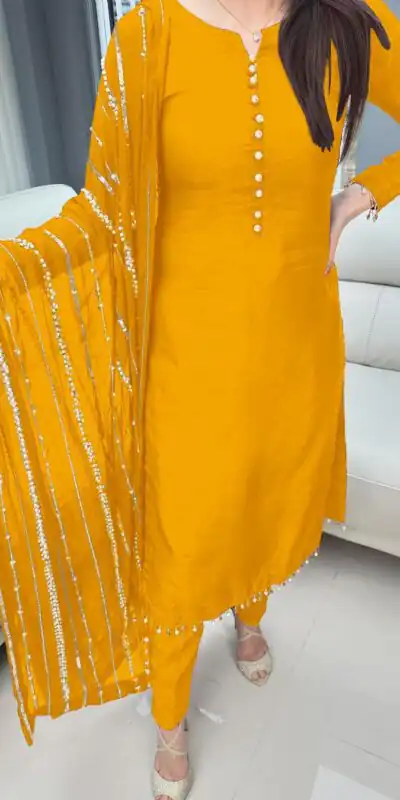 SRK 5161 Yellow Color Chinnon Silk Embroidery Coding Dori Salwar Suit Wedding, Party, Festive, Events Expected Delivery 4-6 Working Days @ 1899/- | Jump Suits, Salwar suit, Designer Suits, Casual Suits, Creative suits, Palazzo Suits, Party Wear Suits, Patiala Suits, Straight Suits