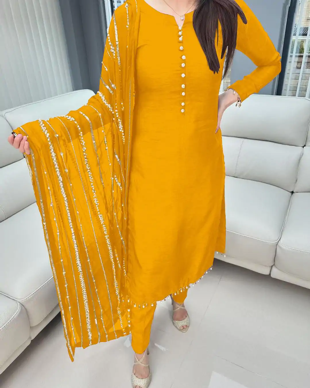SRK 5161 Yellow Color Chinnon Silk Embroidery Coding Dori Salwar Suit Wedding, Party, Festive, Events Expected Delivery 4-6 Working Days @ 1899/- | Jump Suits, Salwar suit, Designer Suits, Casual Suits, Creative suits, Palazzo Suits, Party Wear Suits, Patiala Suits, Straight Suits