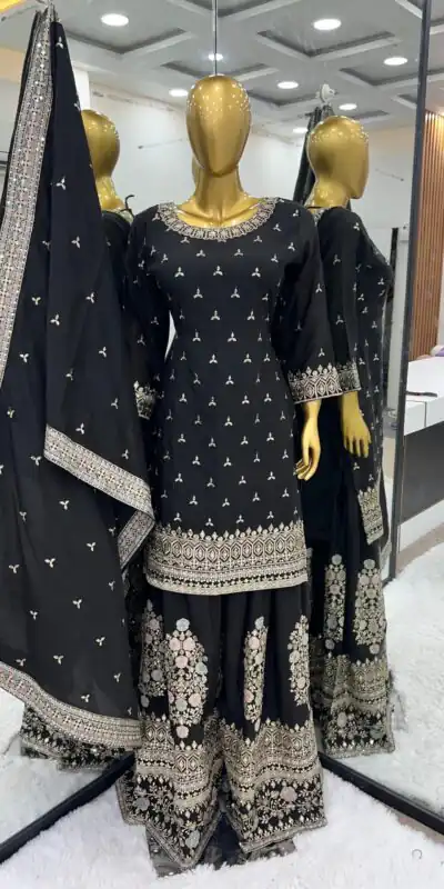 SR 1627 Black Color Chinon Silk Malty Embroidery Sharara Suit Wedding, Party, Festive, Events Etc. Expected Delivery 4-6 Working Days @2199Only | Salwar suit, Designer Suits, Casual Suits, Creative suits, Palazzo Suits, Party Wear Suits, Straight Suits