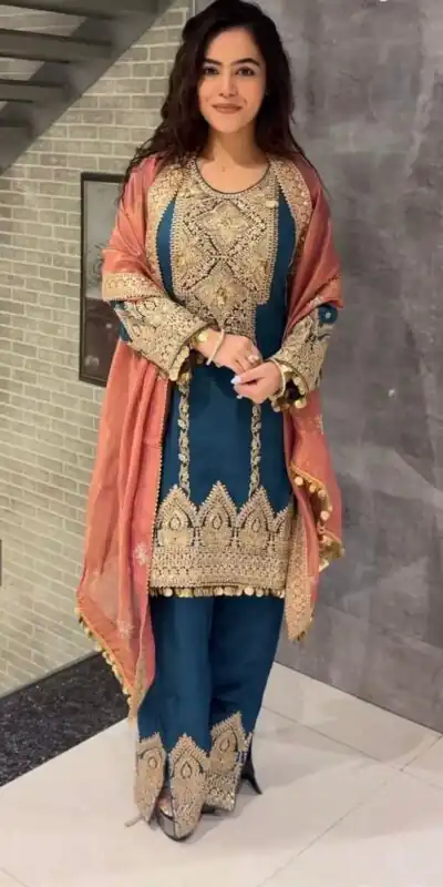 AD 1668 Blue Color Chinon Silk Embroidery Sequence Sharara Suit Casual, Wedding, Party, Festive, Events Etc. Expected Delivery 4-6 Working Days @2499/- | Jump Suits, Salwar suit, Designer Suits, Casual Suits, Creative suits, Palazzo Suits, Party Wear Suits, Patiala Suits, Straight Suits