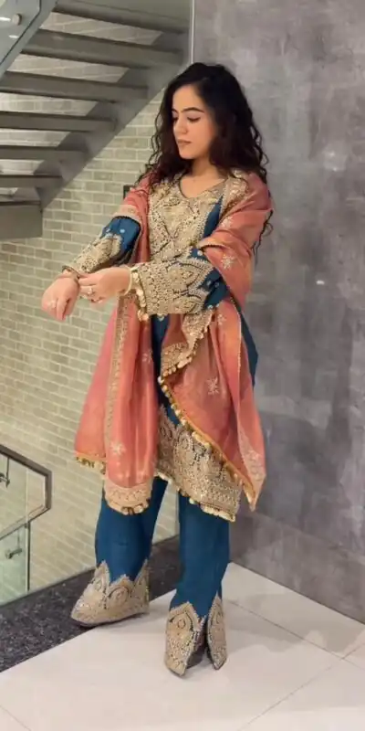 AD 1668 Blue Color Chinon Silk Embroidery Sequence Sharara Suit Casual, Wedding, Party, Festive, Events Etc. Expected Delivery 4-6 Working Days @2499/- | Jump Suits, Salwar suit, Designer Suits, Casual Suits, Creative suits, Palazzo Suits, Party Wear Suits, Patiala Suits, Straight Suits