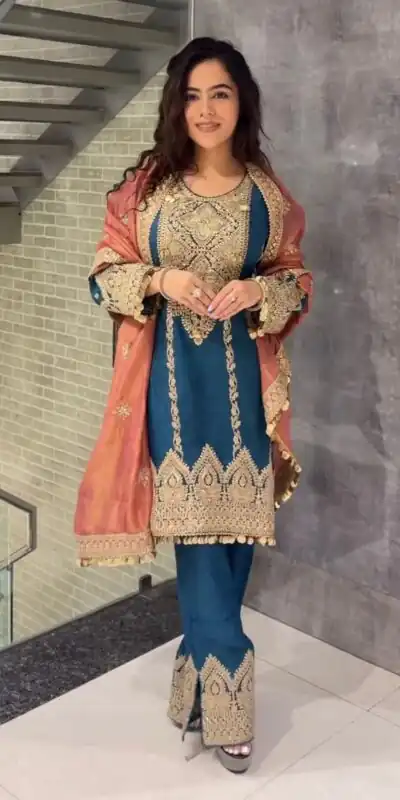 AD 1668 Blue Color Chinon Silk Embroidery Sequence Sharara Suit Casual, Wedding, Party, Festive, Events Etc. Expected Delivery 4-6 Working Days @2499/- | Jump Suits, Salwar suit, Designer Suits, Casual Suits, Creative suits, Palazzo Suits, Party Wear Suits, Patiala Suits, Straight Suits