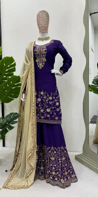 KD 1481 Dark Violet Color Chinon Silk Sequence Thread Work Salwar Suit Casual, Wedding, Party, Events Etc. Expected Delivery 4-6 Working Days 2399/- | Jump Suits, Salwar suit, Designer Suits, Casual Suits, Creative suits, Palazzo Suits, Party Wear Suits, Patiala Suits, Straight Suits