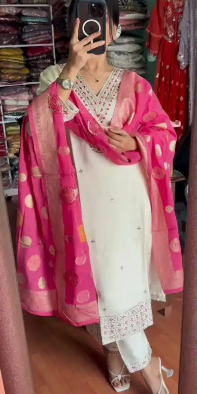 SRK 5173 White Color Chinnon Silk Embroidery Sequence Salwar Suit Wedding, Party, Festive, Events Expected Delivery 4-6 Working Days @ 1899/- | Jump Suits, Salwar suit, Designer Suits, Casual Suits, Creative suits, Palazzo Suits, Party Wear Suits, Patiala Suits, Straight Suits